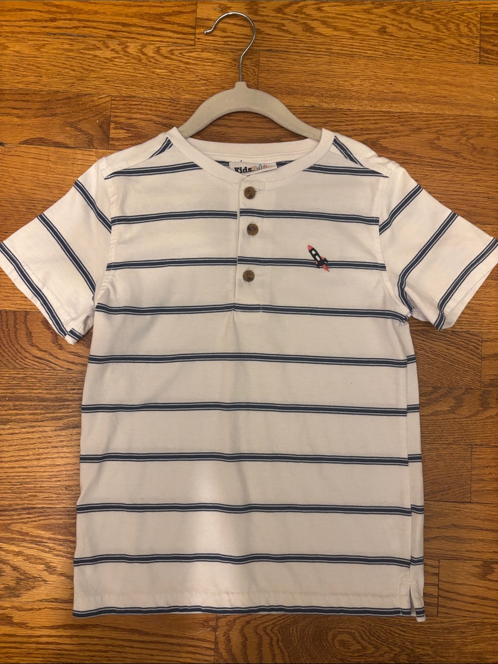 Kids Headquarters white & navy striped henley tee with rocket embroidery